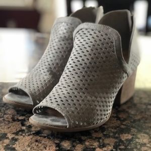 Gray peep toe perforated leather booties